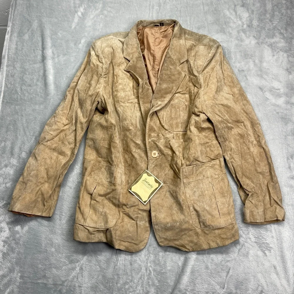 Vtg Fantastic Leather Fashions Blazer Jacket‎ Mens 46 Tan Notch Single Breasted